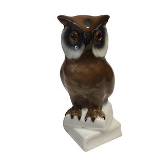Vtg. Golden Crown Porcelain Owl with glass eyes perched on books 4.75” EUC